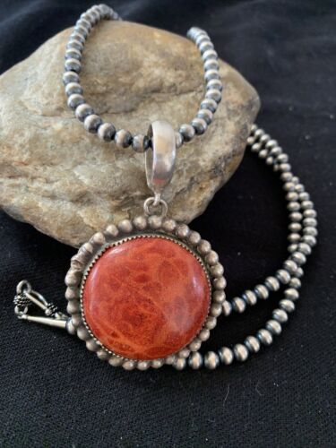 Native American Men's Navajo Red Apple Coral Pendant Necklace | Sterling Silver | 1314