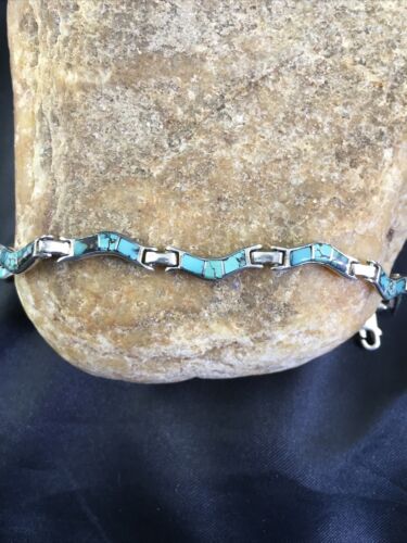 Native American Women's Sterling Silver Turquoise Inlay Link Bracelet | 6.75" | 2031