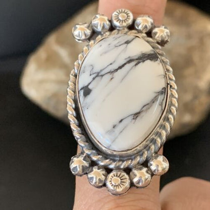 Navajo White Buffalo Turquoise Ring | Sterling Silver | Sz 8 | Authentic Native American Handmade | 13346