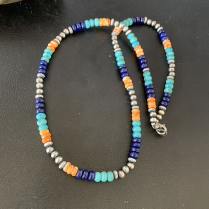 Navajo Blue Lapis Turquoise Orange Spiny Oyster Necklace | Sterling Silver | 22" | 13364 - Masha USA