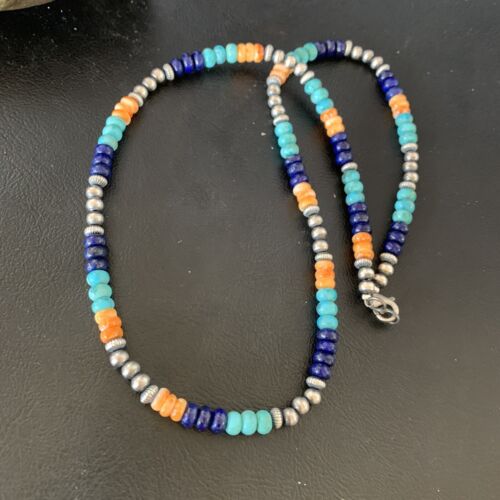Navajo Blue Lapis Turquoise Orange Spiny Oyster Necklace | Sterling Silver | 22" | 13365