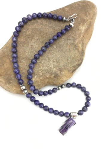 Navajo Charoite Pendant with Pearls | Sterling Silver Necklace | 21" | Authentic Native American Handmade | 4877