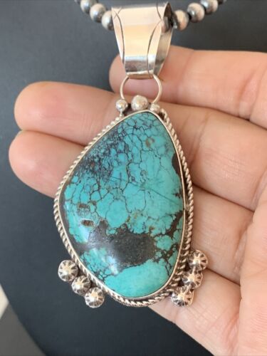Navajo Pearls Necklace with Spiderweb Turquoise Pendant | Sterling Silver | Authentic Native American Handmade | 00810