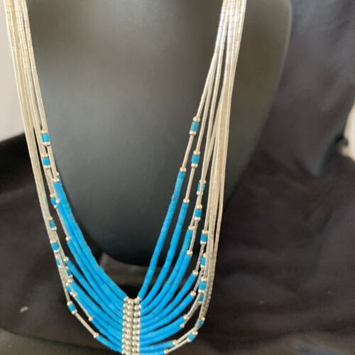 Liquid Silver Heishi 10-Strand Necklace | Sterling Silver Pendant with Turquoise | 12295