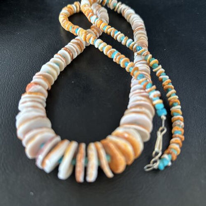 Navajo Sterling Silver Blue Turquoise & Spiny Oyster Graduated Necklace | Authentic Native American | 28" | 14729