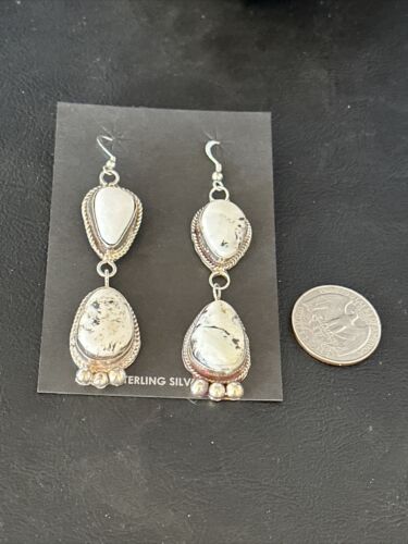 Navajo White Buffalo Turquoise Dangle Earrings | Sterling Silver | 2.5" | Authentic Native American Handmade | 14800