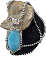Navajo Blue Larimar Pendant Necklace | Sterling Silver | Authentic Native American Handmade | 1313
