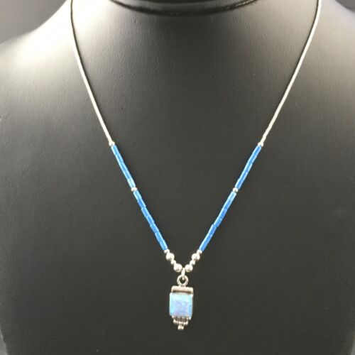 Children's Lapis Beads Sterling Heishi Necklace | Opal Pendant | 15" Chain | 10130