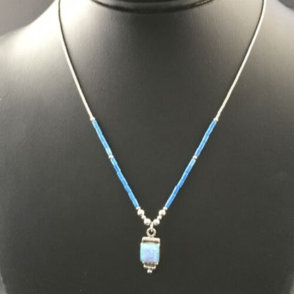 Children's Lapis Beads Sterling Heishi Necklace | Opal Pendant | 15" Chain | 10130