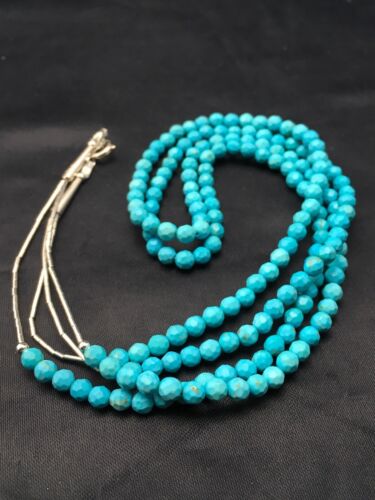 Navajo Blue Turquoise Faceted Bead Necklace | 2 Strand Liquid Sterling | Authentic Native American Handmade | 4368