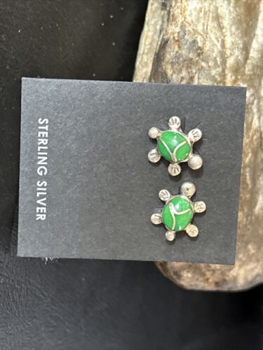 Navajo Turtle Green Turquoise Inlay Earrings | Sterling Silver | Authentic Native American Handmade | 14778