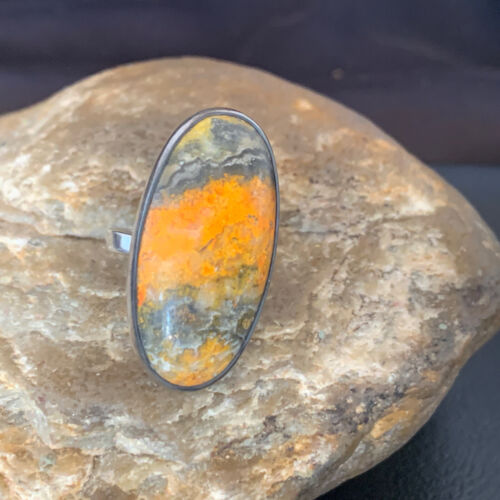 Navajo Bumble Bee Jasper Ring | Sterling Silver | Sz 8 Adjustable | Authentic Native American Handmade | 11538