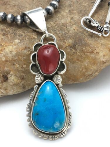 Navajo Turquoise & Coral Pendant Necklace | Sterling Silver | Authentic Native American Handmade | 2580