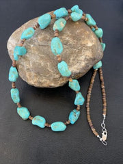 Navajo Pearls Nugget Blue Turquoise Necklace | Sterling Silver Shell | 26" | Authentic Native American Handmade | 12541