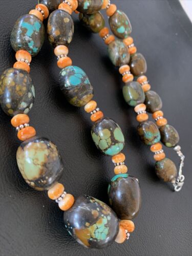 Navajo Green Turquoise & Orange Spiny Oyster Necklace | Sterling Silver | 23" | Authentic Native American Handmade | 1846