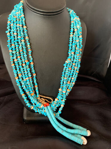 Native American Santo Domingo Spiny Blue Turquoise Shell Jacla Necklace | 36" | 13191