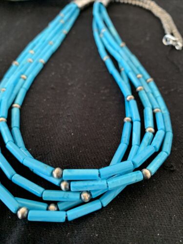 Southwestern Sterling Silver Blue Tube Turquoise Necklace | 5-Strand | 29" | 00830