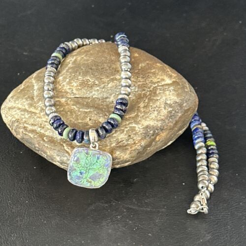 Navajo Green Turquoise Lapis Necklace with Opal Pendant | Sterling Silver | Authentic Native American Handmade | 14368