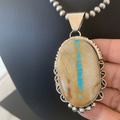 Men's Navajo Pearls Necklace | Sterling Silver Blue Boulder Turquoise Pendant | Native American Handmade | 1534