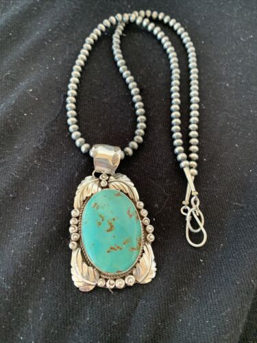Navajo Pearls Necklace with Kingman Turquoise Pendant | Sterling Silver | Authentic Native American Handmade | 809