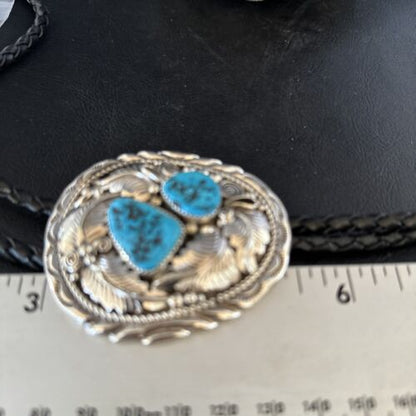 Native American Men's Bolo Tie | Blue Kingman Turquoise | Sterling Silver | Navajo Handmade | 14280