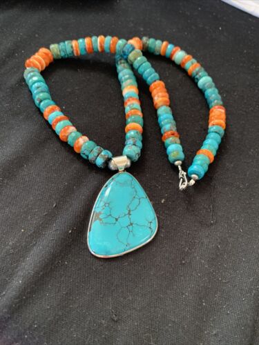 Navajo Pearls Spiderweb Spiny Oyster Turquoise Necklace Pendant | Sterling Silver | Southwestern Native American | 00833