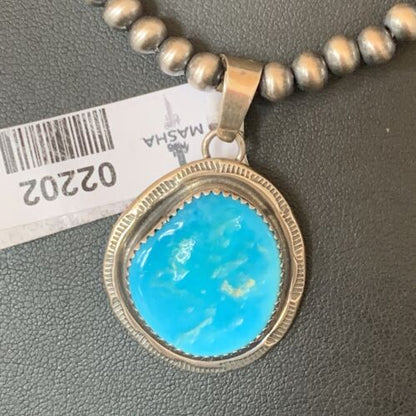 Men's Navajo Pearls Necklace with Blue Kingman Turquoise Pendant | Sterling Silver | Native American Handmade | 2202