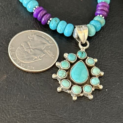 Blue Turquoise Sugilite Multi-Stone Necklace Pendant | Navajo Sterling Silver | 14640