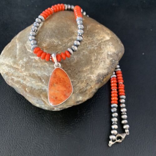 Native American Navajo Red Apple Coral Pendant Necklace | Sterling Silver Naja | 13944