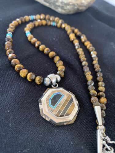 Navajo Tiger's Eye & Spiny Oyster Necklace | Sterling Silver Pearls | 20" | Inlay | Authentic Native American Handmade | 01459