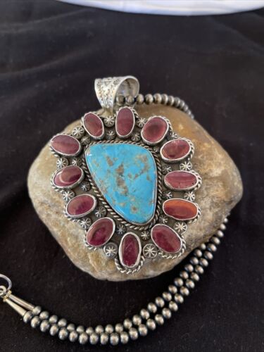 Navajo Purple Spiny Oyster & Turquoise Pendant Necklace | Sterling Silver | Authentic Native American Handmade | 01117