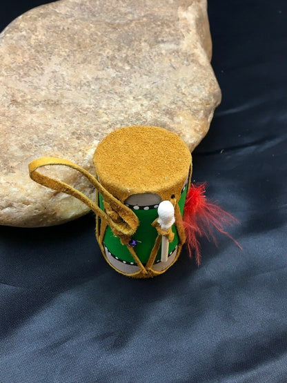 Handmade Miniature Leather Drum Car Charm | 2" Mirror Dangler | Authentic Native American | 8929
