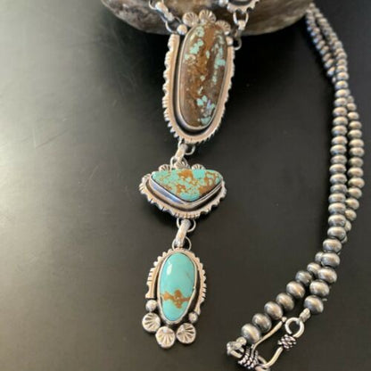 Navajo Blue Turquoise Lariat Necklace | Sterling Silver | Authentic Native American Handmade | 11468