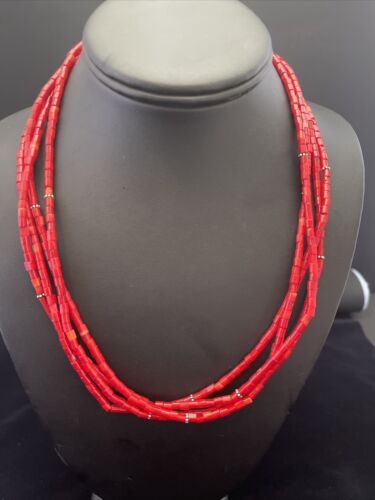 Native American Red Stabilized Coral Tubes Necklace | Sterling Silver | 18" | 1749