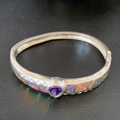 Old Pawn Navajo Opal Amethyst Bracelet | Sterling Silver | 7" | Sz 7 | Authentic Native American Handmade | 13121