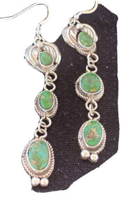 Navajo Sterling Silver Dangle Earrings | Green & Sonoran Gold Turquoise | Authentic Native American Handmade | 1213