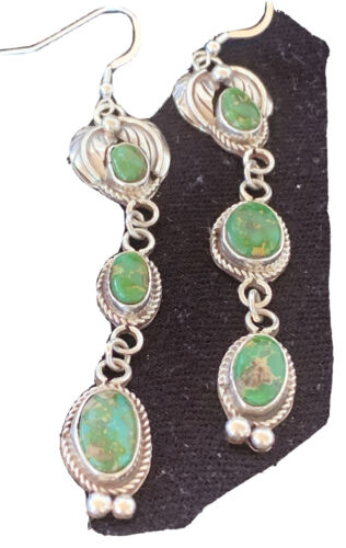 Navajo Sterling Silver Dangle Earrings | Green & Sonoran Gold Turquoise | Authentic Native American Handmade | 1213