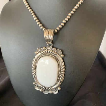 Men's Navajo White Buffalo Turquoise Pendant | Sterling Silver Necklace | Authentic Native American Handmade | 11591