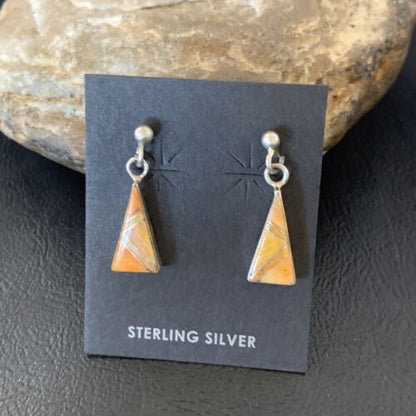 Navajo Orange Spiny Oyster Inlay Earrings | Sterling Silver | Minimalist Dangle | 12678