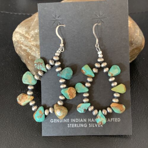Navajo Green Cluster Turquoise Bead Earrings | Sterling Silver | Authentic Native American Handmade | 13370