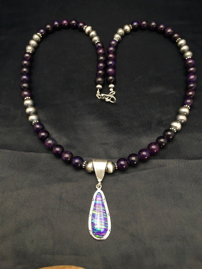 Navajo Purple Sugilite Necklace with Opal Pendant | Sterling Silver | 23" | Authentic Native American Handmade | 2794