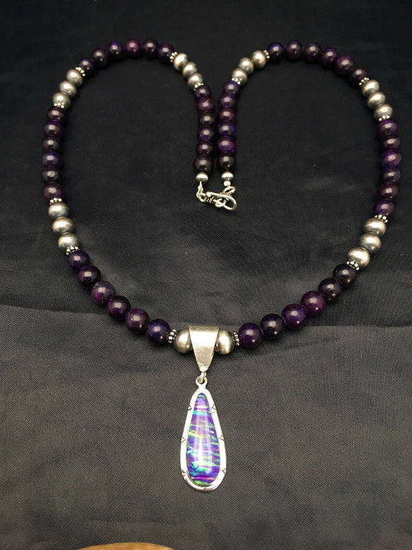 Navajo Purple Sugilite Necklace with Opal Pendant | Sterling Silver | 23" | Authentic Native American Handmade | 2794