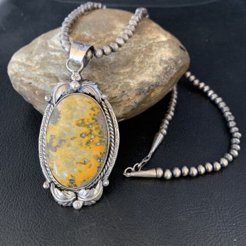 Navajo Bumblebee Jasper Pendant Necklace | Sterling Silver | Authentic Native American Handmade | 14202