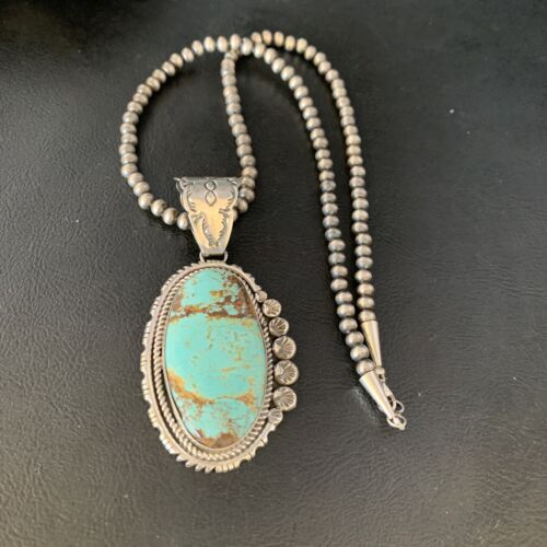 Navajo Pearls Sterling Silver Necklace with Blue #8 Turquoise Pendant | 3" | Authentic Native American Handmade | 13937 - Masha USA