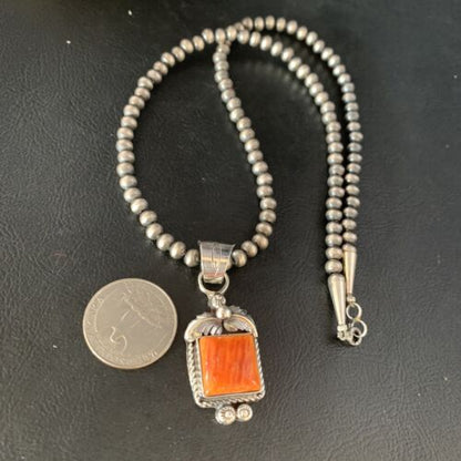 Navajo Orange Spiny Oyster Square Pendant Necklace | Sterling Silver | Authentic Native American Handmade | 13642
