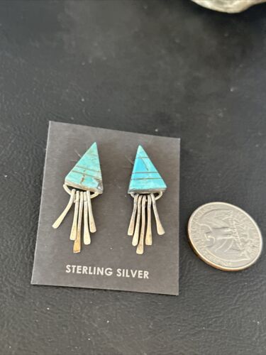 Navajo Blue Turquoise Inlay Earrings | Sterling Silver | 1" | Authentic Native American Handmade | 14774