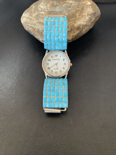 Men's Zuni Sterling Silver Watch with Blue Turquoise Inlay Tips | Authentic Native American Jewelry | 2120