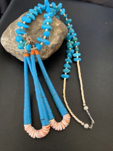 Santo Domingo Spiny Oyster Blue Turquoise Shell Jacla Necklace | 24" | Authentic Native American Handmade | 12513