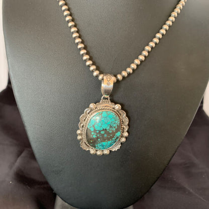 Men's Navajo Blue Spiderweb Turquoise Pendant Necklace | Sterling Silver | Authentic Native American Handmade | 10234