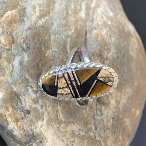 Navajo Black Onyx Coffee Tigers Eye Inlay Ring | Sterling Silver | Sz 8.5 | 10733